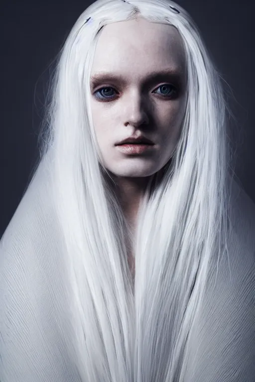 Prompt: beautiful girl with ice white hair wearing long futuristic highly detailed dark cloak designed by yohji yamamoto standing in a shadow of the soft light, soft muted colors, simple shapes, by tim berton, golden ratio, perfect composition, dramatic, medium close - up ( mcu ), cannon ef 6 5 mm f / 2. 8
