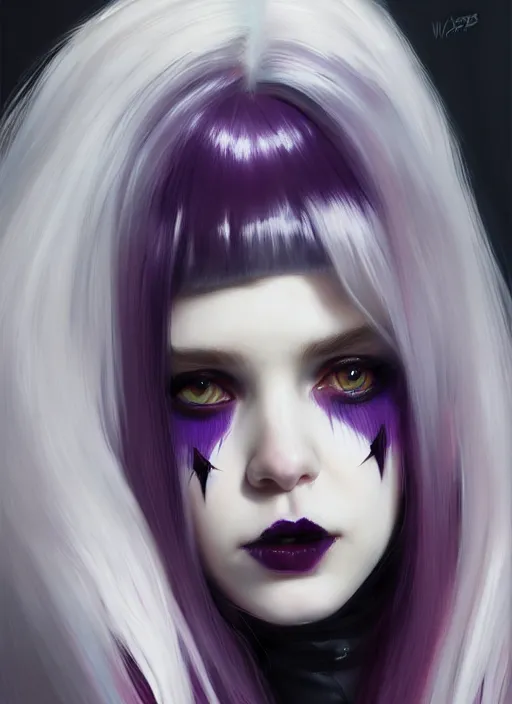 Image similar to portrait of white teenage girl, normal face, white bangs, mall goth, cyberlox, black and white hair, bangs, fluffy bangs, red contact lenses, purple lipstick, intricate, elegant, highly detailed, digital painting, artstation, concept art, sharp focus, smooth, illustration, art by wlop, mars ravelo and greg rutkowski