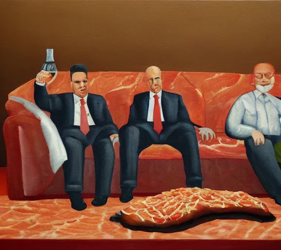 Image similar to oil painting of couch made out of meat, business men sitting on couch of meat and talking,