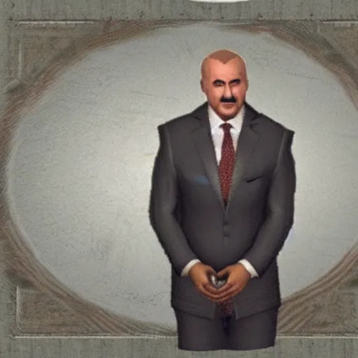 Image similar to Alexander Lukashenko wearing a suit and tie in Balmora in Elder Scrolls III: Morrowind, outdated 2002 Morrowind graphics, low definition, lowpoly