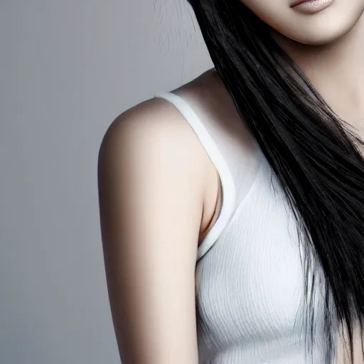 Prompt: Lara Croft as a beautiful korean girl, white hair, 2030 fashion, studio photography, 4k, studio lighting, minimalistic wallpaper background, realistic