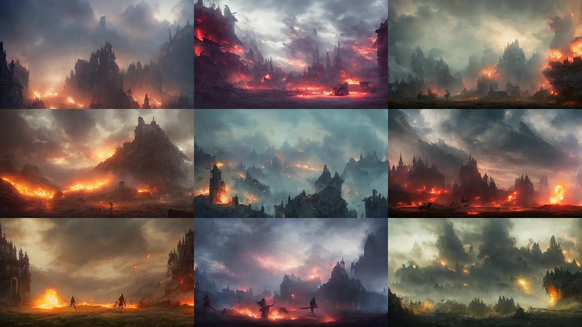 Prompt: battlefield, fantasy, smoke clouds, particles, embers, ash, village castle on fire in distance, cinematic lighting, extreme long shot, greg rutkowski, ruan jia, wlop, yuumei, marc simonetti, artgerm, tom bagshaw