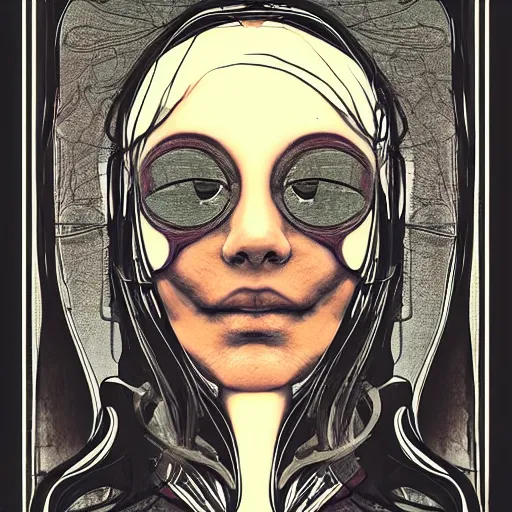 Image similar to portrait of human face inside is out of the skin, art nouveau, cyberpunk, grainy image