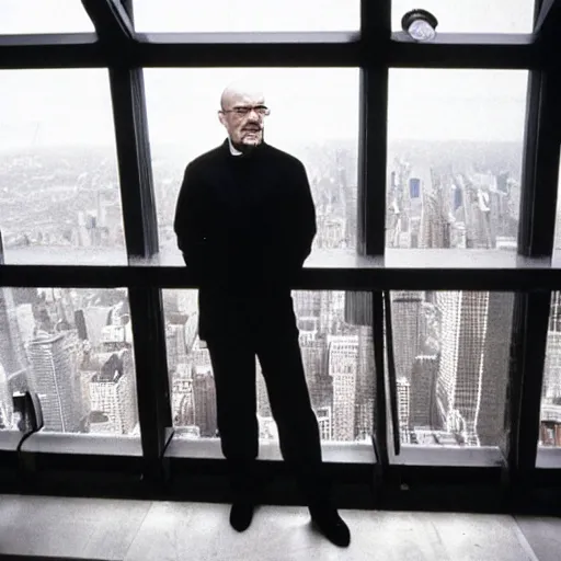 Prompt: walter white from back sitting on chair standing on top of the empire state building strong stance photo by annie leibovitz 8 0 mm lens bokeh
