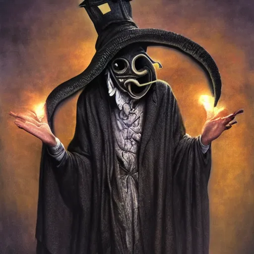 Prompt: sandman god of dreams wearing an plague - doctor mask, delivering dimensional consciousness, by patrick woodroffe, by igor morski, by laurie lipton, cinematic lighting, volumetric lighting, neosurrealism, realistic shadows, rendered in octane, fantasy