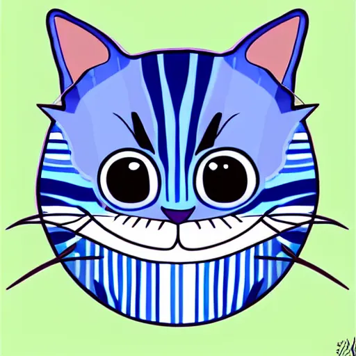 Image similar to cute blue striped cheshire cat. an adorable cat with light blue stripes, blue eyes and a big mischievous smile. stunning digital art by eva balloon. fluffy, soft