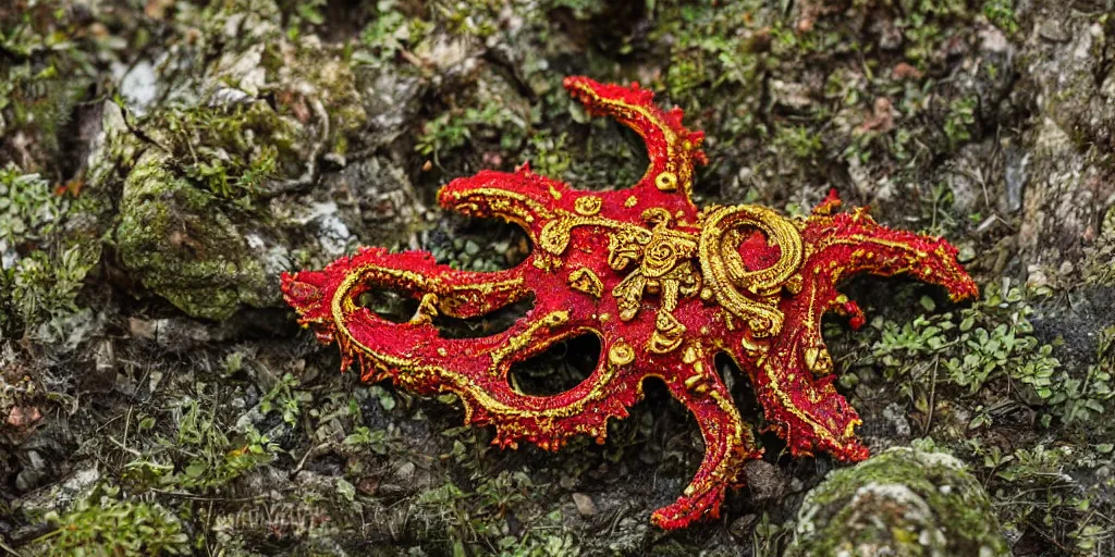 Image similar to cu of a large five armed golden and ruby encrusted ornate starfish shaped weapon, as it flies thru a ancient forest