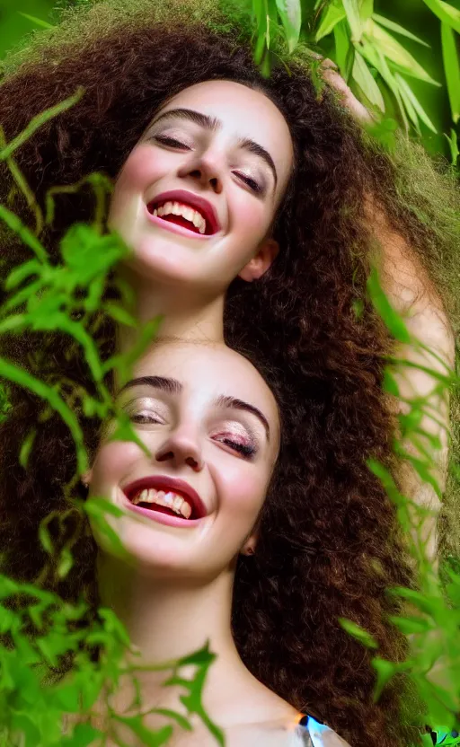 Image similar to 8 k uhd poser render of the face of a young woman with marble complexion, angelic features, her face framed with curls, her head raised in rapture, laughing, portrait photography, symmetrical eyes, by john singer sargent, background lush vegetation, insects and birds, dof narrow, 1 0 5 mm lens