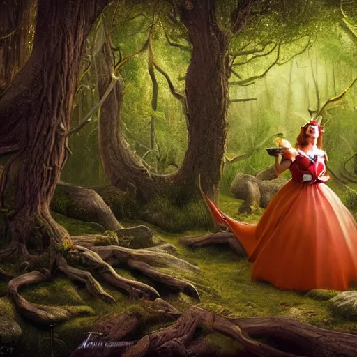 Image similar to the court jesters wife lost in the woods, pretty, beautiful, hyper realistic fantasy painting, artstation, by ansel adams and annie leibovitz, cinematic, magical