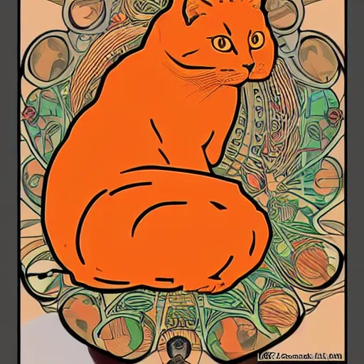 Prompt: a orange cat in virtual reality, in the style of alphonse mucha