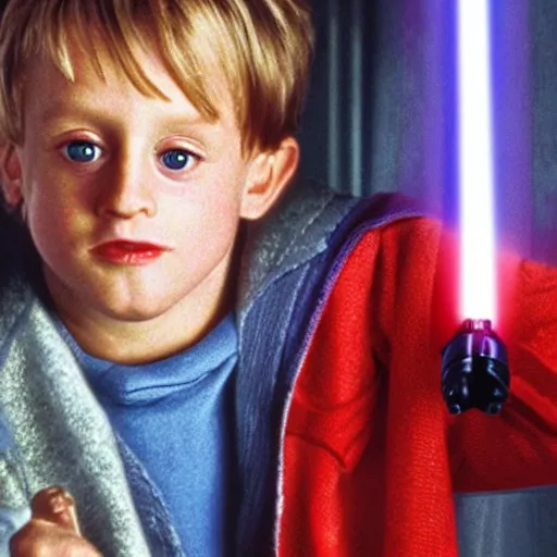 Image similar to Kevin McCallister if he had a lightsaber