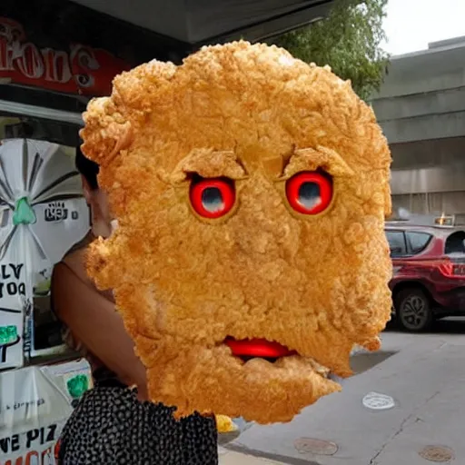 Prompt: a face made of fried chicken, fried chicken in the shape of a face, fried chicken looking like amanda seyfried