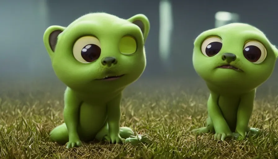 Image similar to very very very cute green baby animals by Max Kostenko and Bobby Chiu, disney, pixar, MPC, Framestore, character design for animation, uplight, a lineup of characters, big disney eyes, symmetrical yellow eyes, cuteness, 3d render, octane rendered, highly detailed, cinematic lightning, rendered by maya and houdini, highly detailed, unreal engine, Trending on Artstation, octane render, 4k, 8k, HD, oil on Canvas by Elena Zhurikhina and Goro Fujita and Charlie Bowater