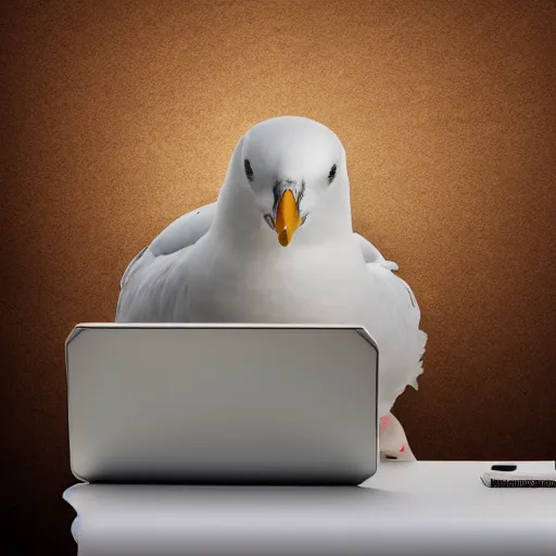 Image similar to an angry seagull typing at a computer in it's bedroom, studio portrait, dramatic background and lighting