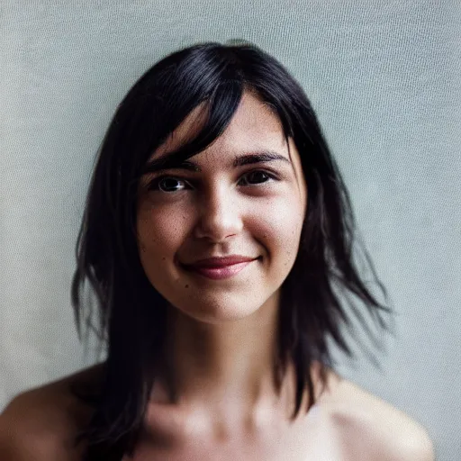 Prompt: young woman with shoulder - length messy black hair, slightly smiling, 1 3 5 mm nikon portrait
