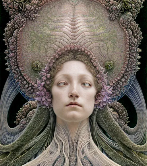 Image similar to detailed realistic beautiful alexandrite goddess face portrait by jean delville, gustave dore, iris van herpen and marco mazzoni, art forms of nature by ernst haeckel, art nouveau, symbolist, visionary, gothic, neo - gothic, pre - raphaelite, fractal lace, intricate alien botanicals, biodiversity, surreality, hyperdetailed ultrasharp octane render
