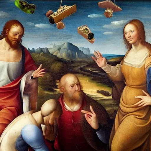 Image similar to a Renaissance painting with UFOs