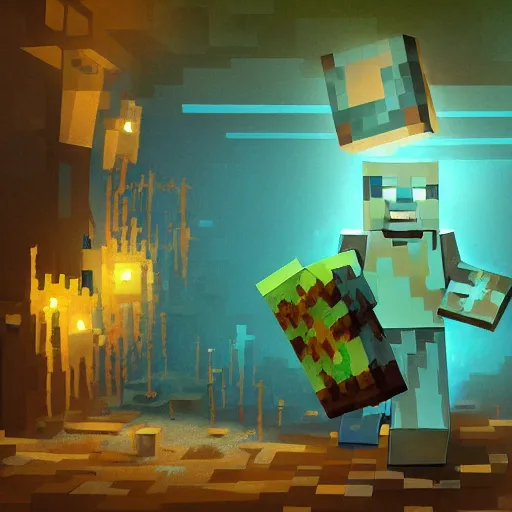 Image similar to painting by greg rutkowski of a minecraft drowned zombie with glowing cyan eyes, wearing ragged clothing and and algae growing on it, holding a trident, underwater