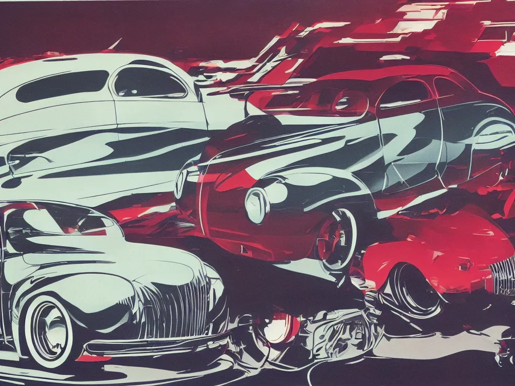 Prompt: illustration of 1 9 4 0 ford coupe illustrated by syd mead