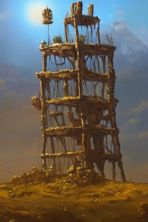 Image similar to an oil painting of an old decaying tower in the middle of a vast desert, fantasy, hyper realistic, atmospheric lighting, 8k,