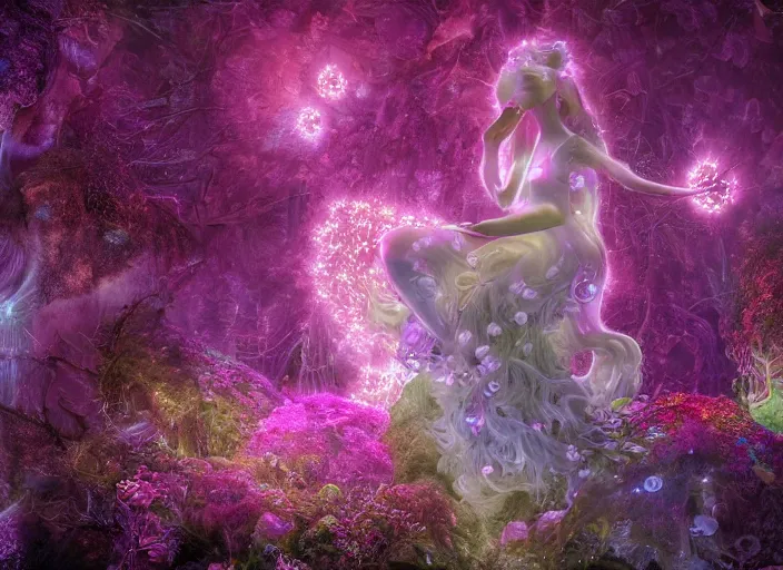 Prompt: glowing delicate flower and mushrooms that grow in a dark fatansy forest on the planet Pandora, an idealistic marble statue with fractal flowery hair in a fractal garden,