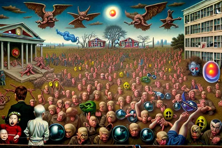 Image similar to a sparsely populated strange battle in an old hospital between old people and babies Robert Williams Mark Ryden and Alex Gross, Todd Schorr highly detailed deep perspective perfect composition