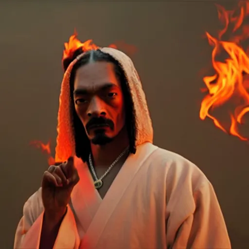 Image similar to cinematic film still of Snoop Dogg starring as a Samurai holding fire, Japanese CGI, VFX, 2022, 40mm lens, shallow depth of field, film photography