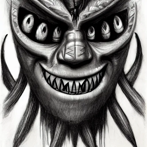 Prompt: Drawing of Te Fiti from Moana, Stephen Gammell style, evil, high detail, Scary Stories