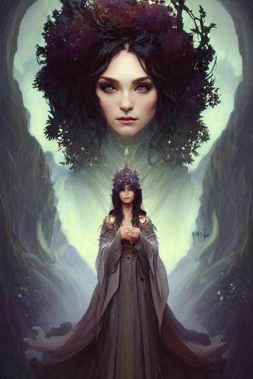 Prompt: portrait of a dark fantasy mystical nature sprite with beautiful face wearing elegant magical robe, alpine high moorland background, elegant, intricate, highly detailed, digital painting, artstation, concept art, sharp focus, illustration, art by artgerm and greg rutkowski and alphonse mucha