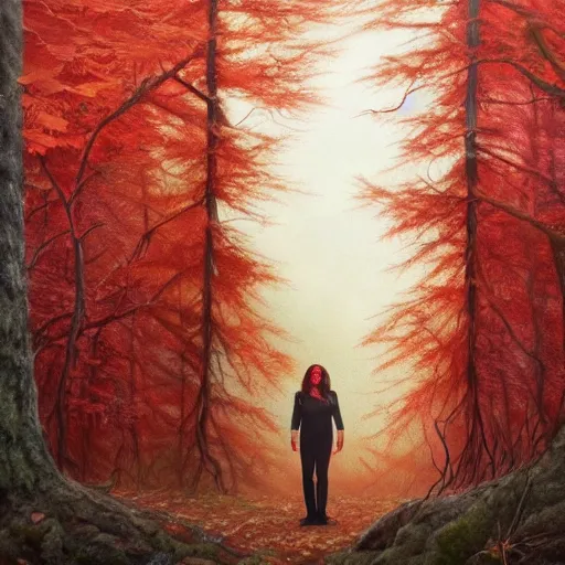 Prompt: kate bush standing in a red leafed a forest where no one is around to hear it, incredibly detailed oil painting, high octane, trending on artstation, incredible fineline, regal, fine art museum piece, drum scanner