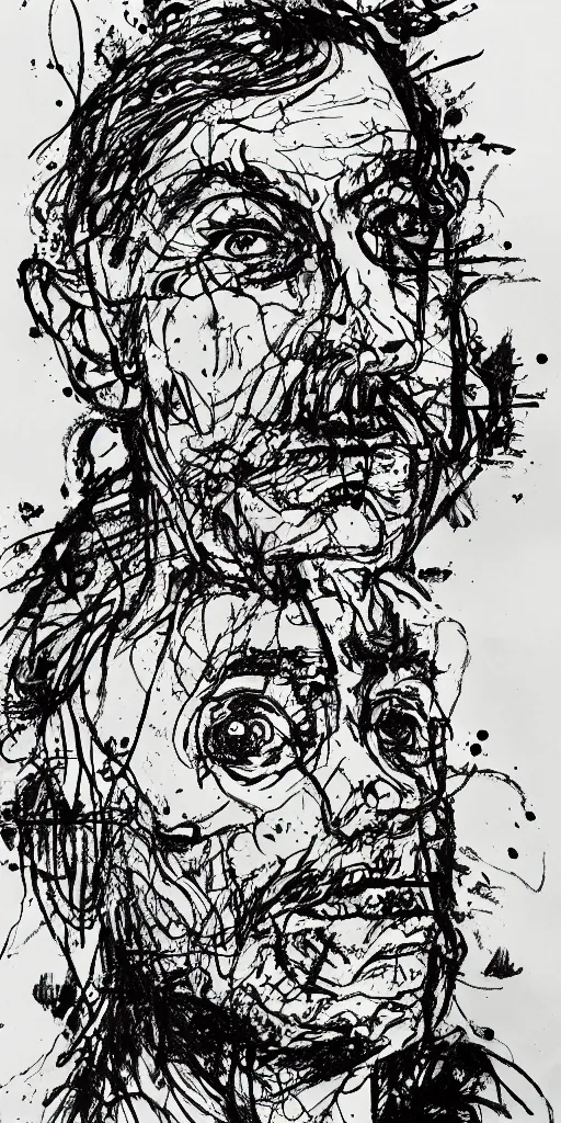 Image similar to a loose wild messy ink sketch portrait of a self portrait in the style of ralph steadman, caricature, dramatic