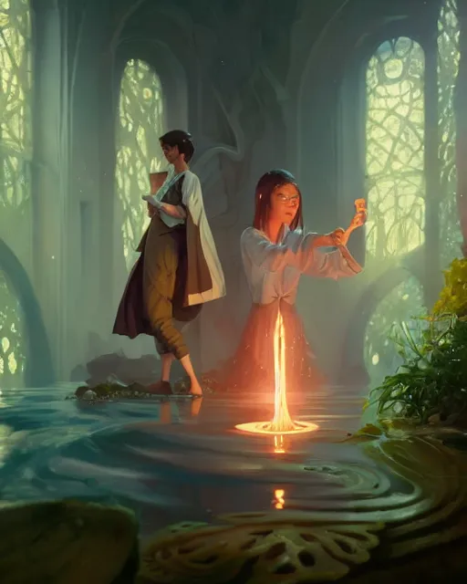 Image similar to highly detailed vfx portrait of a mage casting a water spell, unreal engine, greg rutkowski, loish, rhads, beeple, makoto shinkai and lois van baarle, ilya kuvshinov, rossdraws, tom bagshaw, alphonse mucha, global illumination, detailed and intricate environment