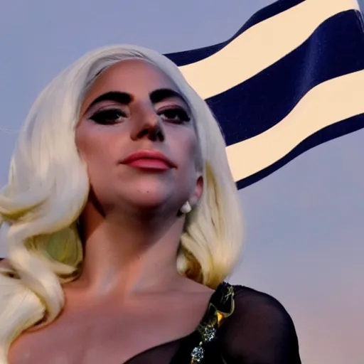 Image similar to Lady Gaga as President, Argentina presidential rally, Argentine flags behind, bokeh, epic photo, detailed face, Argentina