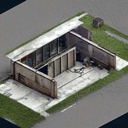 Image similar to isometric render of an abandoned workshop, volumetrics, octane render, 4k