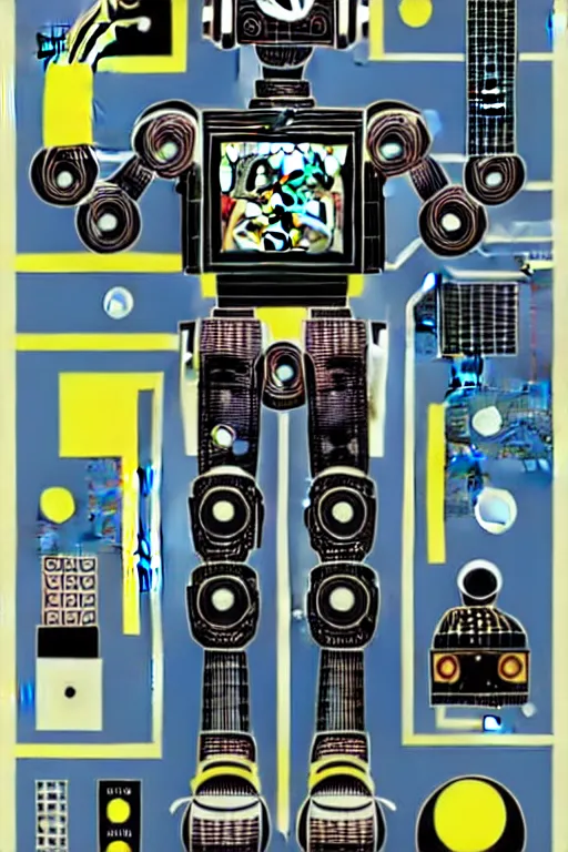 Image similar to a diagram of a robot body with various parts, cyberpunk art by eduardo paolozzi, behance contest winner, computer art, greeble, steampunk, poster art, james turrell, robert rauschenberg, andy warhol, pop art, czechoslovakia, surrealism, milton glaser, graphic design