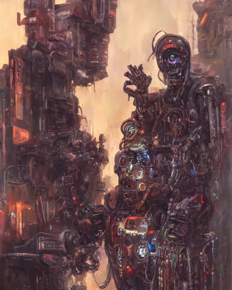 Prompt: an oil painting portrait of a cybernetic junkyard ghost, cyberpunk, shadowrun, in the style of brom