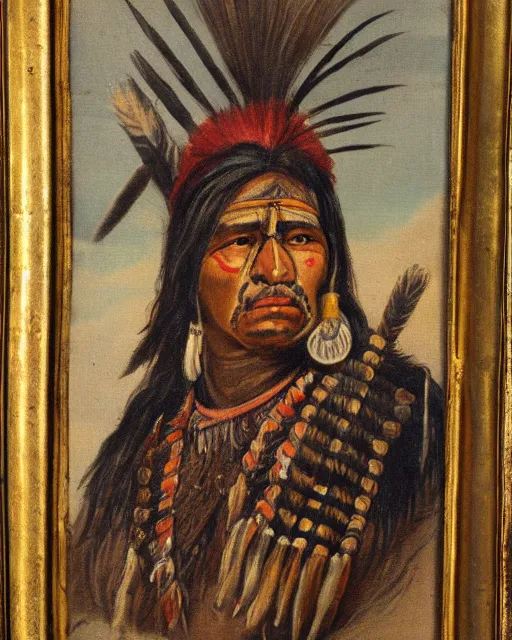 Prompt: old antique painting of an apache warrior