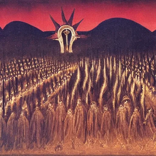 Prompt: A A Holy Week procession of souls in a Spanish landscape at night by Remedios Varo.