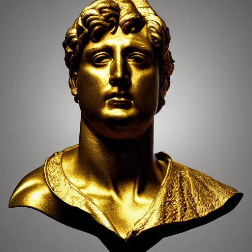 Image similar to a realistic render of a golden Roman bust, high contrast lighting, 4k