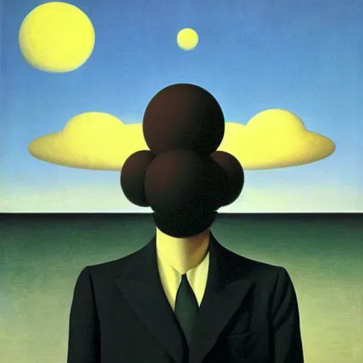 Image similar to a man with a beehive instead of a face, surrealist painting by rene magritte. mysterious, ominous