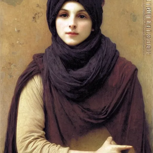 Prompt: A portrait of a fox in a scarf by William-Adolph Bouguereau, fox wearing a scarf