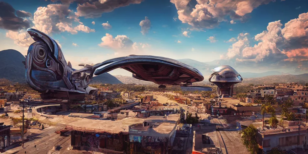 Image similar to tehotihuacan, with a giant space ship in the sky, unreal 5, hyperrealistic, realistic, photorealistic, dynamic lighting, highly detailed, cinematic landscape, studio landscape, studio lighting