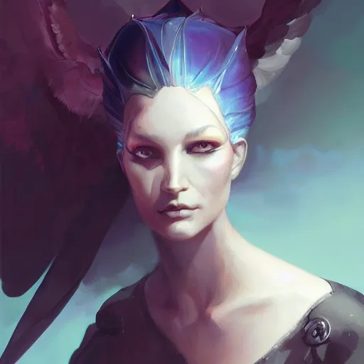 Prompt: character portrait of a modest robed dark raven angel with iridescent black raven wings, by Peter Mohrbacher, Artgerm, Mark Brooks, Marina Abramović, Wadim Kashin, trending on Artstation