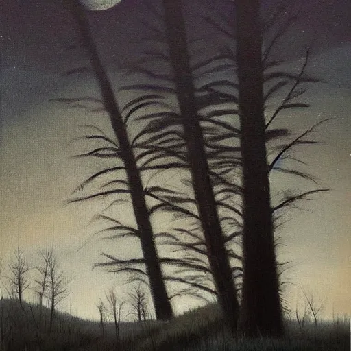 Prompt: peaceful forgotten cabin. masterpiece oil painting, dark, scary. endless tall trees in the background. the moon shines. hr gigor