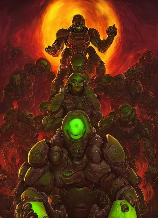 Prompt: ( doom ) cover featuring doom guy!! doom marine!! surrounded by demons, by kenneth scott, artstation, vivid gaze