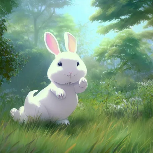 Prompt: concept art painting of a chubby white rabbit wearing a turquoise dress, in the deep forest, realistic, detailed, cel shaded, in the style of makoto shinkai and greg rutkowski and james gurney