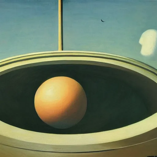 Image similar to giant spherical eye being lowered through the roof of a dome - shaped control center, grant wood, pj crook, edward hopper, oil on canvas