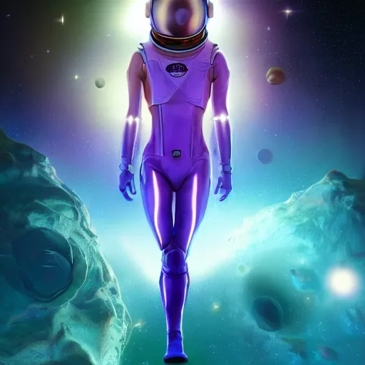 Prompt: detailed symmetry!!, ( astronaut with purple closed visor ), deep inside space with small twinkling stars, by artgerm and charlie bowater and chris rallis, dark age aether punk style, global illumination, radiant light, god rays, bokeh, digital illustration, cg society, unreal engine 5, ray tracing