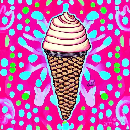Prompt: happy smiling pink ice cream cone, blue waffle cone digital painting, intricate, high definition