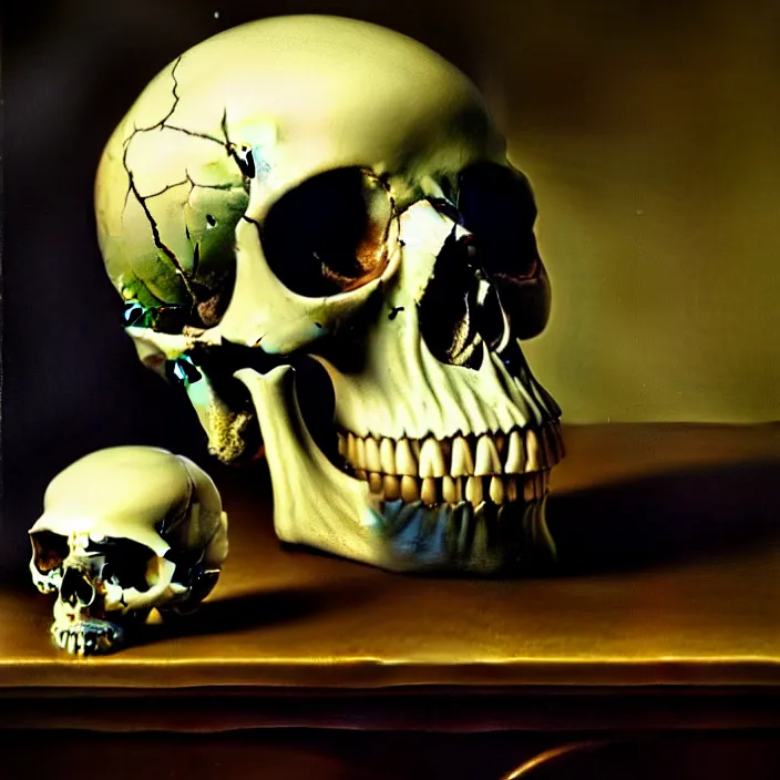 Image similar to still life painting of a skull with neon glowing crystal eyes, by pieter claesz, oil on canvas, strong lighting, highly detailed, hyper realism, golden hour, god rays, hd, 4 k
